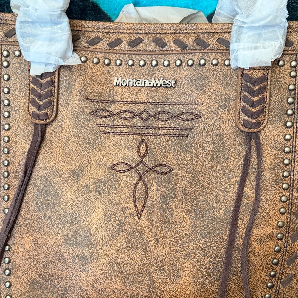 Montana West Tan Studded Concealed Tote Bag New - Picture 2 of 9